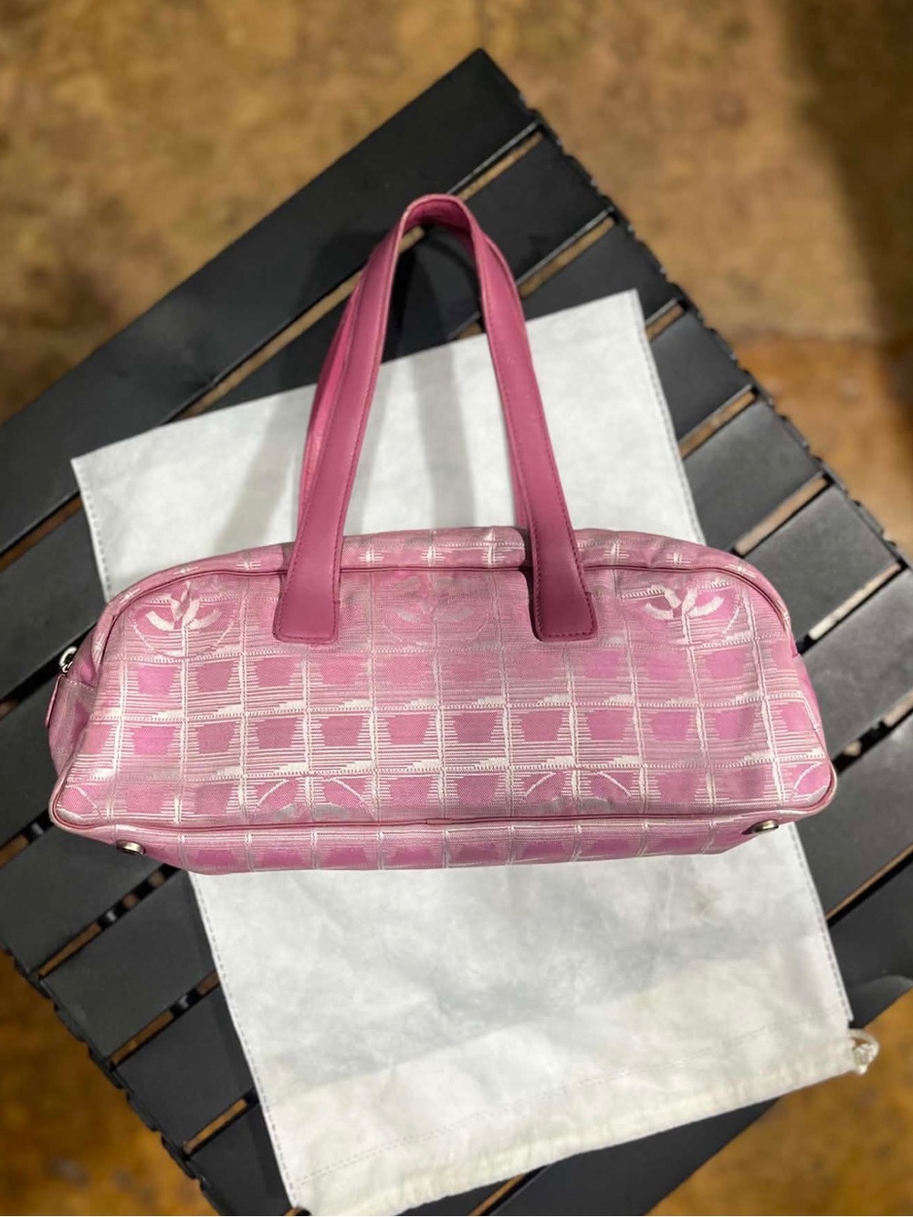 Vintage Chanel Pink Travel Line CC Jacquard Boston Shoulder Bag Leather Handles